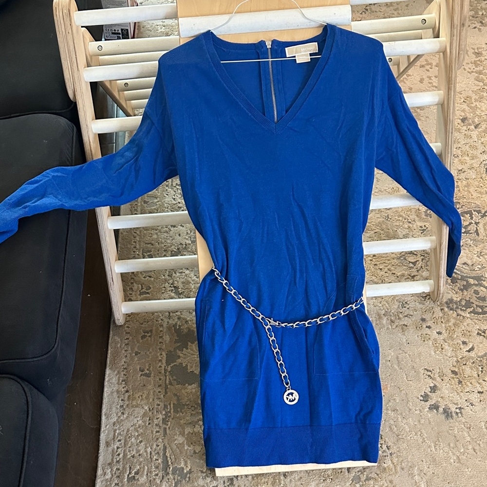 MICHAEL Michael Kors Blue Long Sleeve Dress with Silver Chain